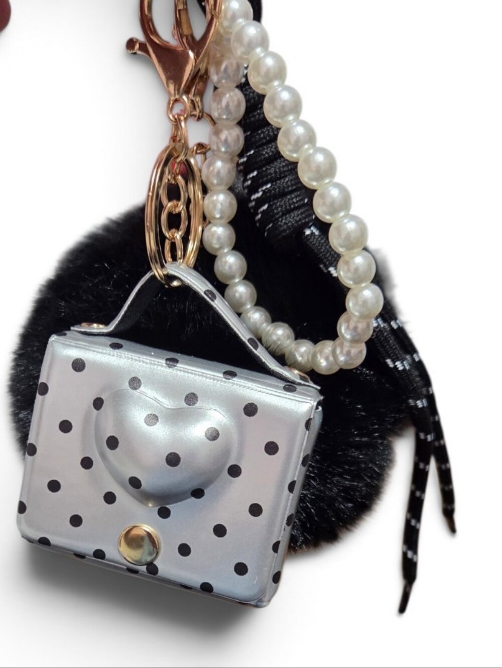Pearl & Polka Dot Keychain Bag Charm in Black and White